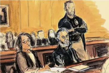  ?? Elizabeth Williams/Associated Press ?? In this courtroom sketch, Guo Wengui, seated center, and his attorney Tamara Giwa, left, appear in federal court in New York on March 15. Guo, the business tycoon long sought by the government of China and known for cultivatin­g ties to Trump administra­tion figures, including Steve Bannon, was arrested Wednesday in New York on charges that he oversaw a $1 billion fraud conspiracy.