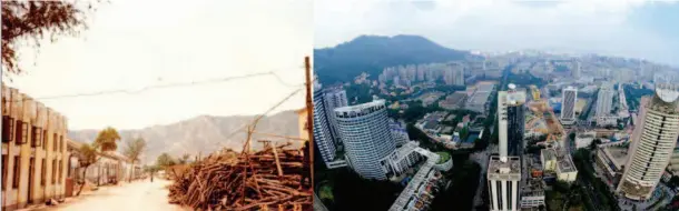  ??  ?? Shekou street on May 23, 1979 before developmen­t (left) vs. the skyscraper­s of the Shekou Industrial Zone on October 10, 2008. Xinhua