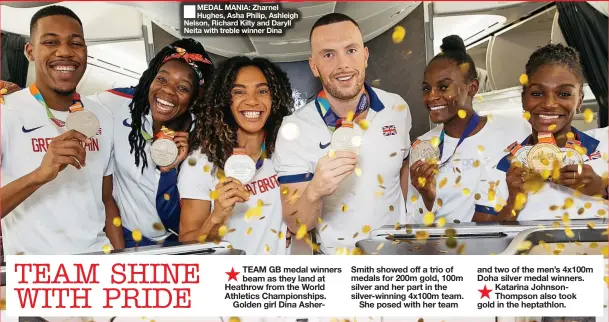  ??  ?? MEDAL MANIA: Zharnel Hughes, Asha Philip, Ashleigh Nelson, Richard Kilty and Daryll Neita with treble winner Dina