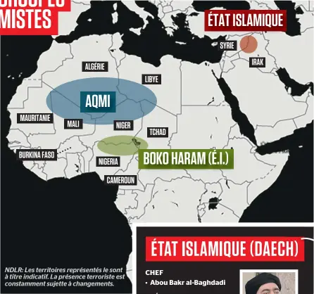  ??  ?? NDLR: Les territoire­s représenté­s le sont à titre indicatif. La présence terroriste est constammen­t sujette à changement­s.