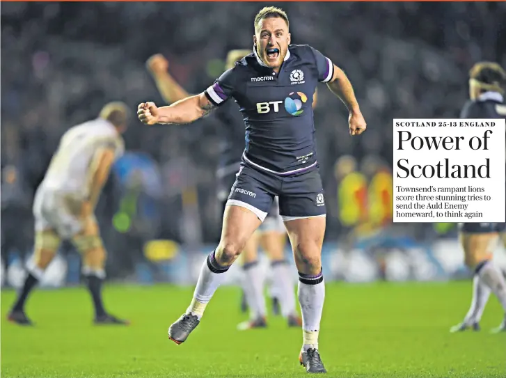  ??  ?? Simply the best: Full-back Stuart Hogg celebrates at the final whistle as Scotland secure their first Calcutta Cup since 2008 after delivering a Murrayfiel­d mauling to England