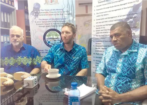  ?? Photo: Swashna Chand Edted by Jonathan Bryce ?? From left; Biology Professor Peter Ward of the University of Washington in Seattle, Marine Biology Professor Gregory Barord of the Central Campus Iowa in United States and Fisheries director Aisake Batibasaga in Suva on July 30, 2018.