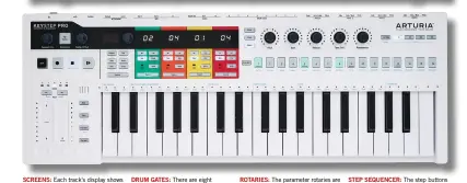  ??  ?? SCREENS: Each track’s display shows the current pattern that’s playing. Up to 16 can be saved, recalled and chained together
DRUM GATES: There are eight analogue drum triggers, but the drum mode features 24 parts, so you can sequence analogue and digital beats
ROTARIES: The parameter rotaries are great fun for manipulati­ng arpeggio patterns on the fly
STEP SEQUENCER: The step buttons combine with the keyboard for a fast, easy sequencing workflow