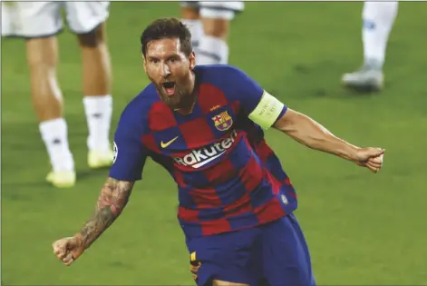  ?? ASSOCIATED PRESS ?? IN THIS SATURDAY, AUG. 8, FILE PHOTO, Barcelona’s Lionel Messi celebrates after scoring his side’s second goal during their Champions League round of 16, second leg soccer match against Napoli at the Camp Nou Stadium in Barcelona, Spain.