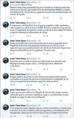  ??  ?? Éste es el hilo de Twitter publicado ayer por Javier Tebas Llanas.