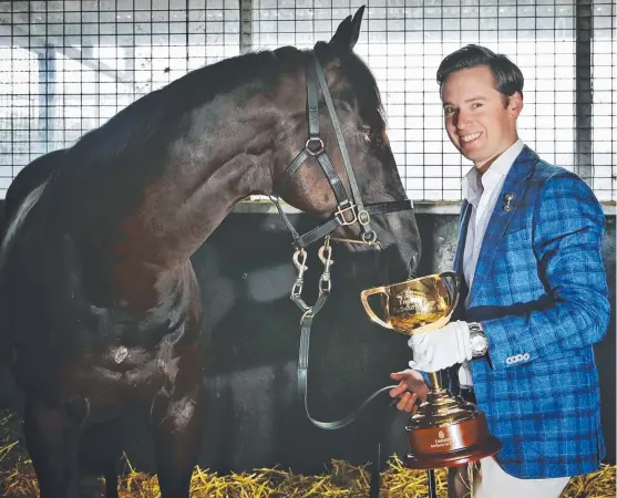  ?? Picture: HAMISH BLAIR ?? Adrian Bott, new co-trainer with Gai Waterhouse, and Excess Knowledge check out the Melbourne Cup at Waterhouse’s stables at Flemington.