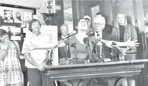  ?? ASSOCIATED PRESS ?? Clergy abuse survivor Marie Mielke talks about her feelings during a press conference detailing the settlement reached between clergy sexual abuse victims and the Archdioces­e of St. Paul and Minneapoli­s.