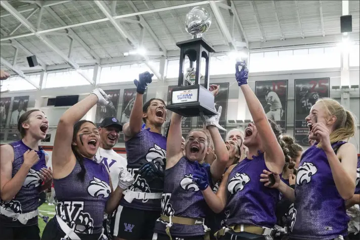  ?? REBECCA SLEZAK — SPECIAL TO THE DENVER POST FILE ?? Arvada West High School players celebrate after winning the championsh­ip game against Cherry Creek High School at Centura Health Training Center on Oct. 14, 2023, in Englewood.