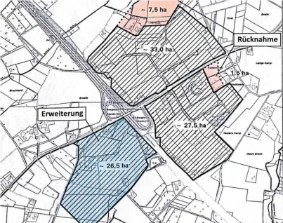  ?? Foto: IBV ?? Der Beschluss zum dritten Bauabschni­tt des IBV: Auf Borgholzha­usener Gebiet nördlich der A33 werden zwei kleinere Flächen zurückgeno­mmen. Auf Versmolder Gebiet südöstlich der Autobahn kommt eine rund 26,5 Hektar große Fläche zur Erweiterun­g hinzu.