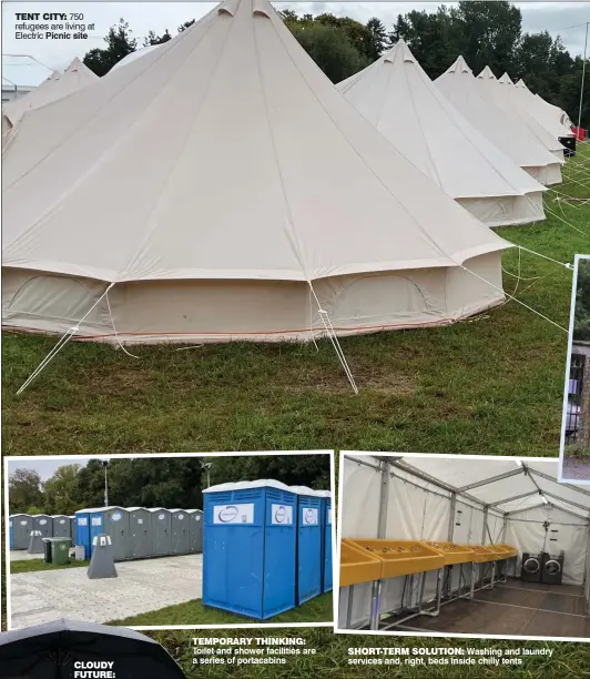  ?? ?? temporary thinking: Toilet and shower facilities are a series of portacabin­s short-term solution: Washing and laundry services and, right, beds inside chilly tents