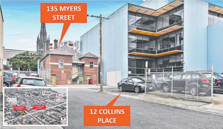  ??  ?? 135 Myers St and 12 Collins Place, Geelong offers opportunit­ies for owner occupiers, investors and developers in this key city precinct.