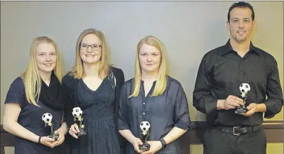  ?? SUBMITTED PHOTO ?? Recent winners at the P.E.I. Soccer Associatio­n annual awards presentati­ons are all smiles as they show off their awards. From left: Chelsey Gunn, corecipien­t of the Alan Godfrey Volunteer of the Year Award; Hailey Terstege, junior official of the...
