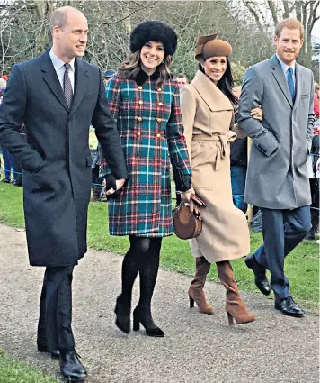  ??  ?? All smiles: the Cambridges and Sussexes attend church last Christmas with the Queen and Prince Philip, below. The Fab Four are all expected to stay at Anmer Hall, above left