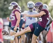  ?? Texas A&M Athletics ?? Texas A&M junior Caden Davis has kicked a field goal as long as 76 yards in practice. “It was pretty windy that day,” he said.