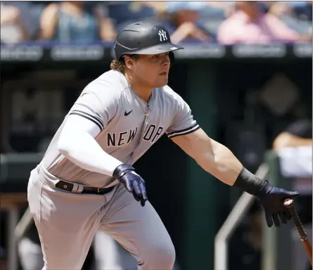  ?? COLIN E. BRALEY - THE ASSOCIATED PRESS ?? New York Yankees’ Luke Voit watches his hit for a single, scoring two runs in the first inning of a baseball game against the Kansas City Royals at Kauffman Stadium in Kansas City, Mo., Wednesday, Aug. 11, 2021.