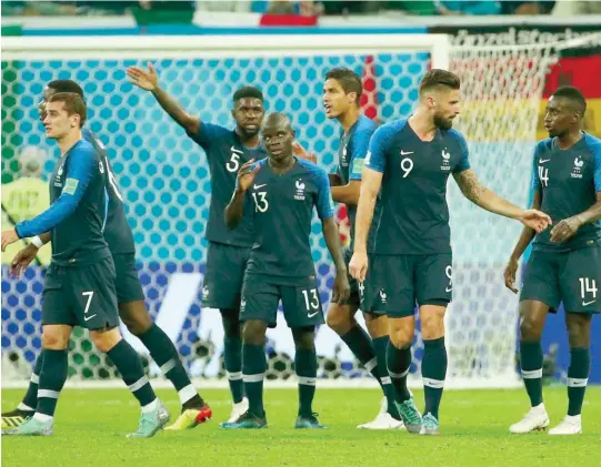  ??  ?? France’s Antoine Griezmann, Samuel Umtiti, N’golo Kante, Raphael Varane, Olivier Giroud and Blaise Matuidi react during the semifinal against Belgium at Saint Petersburg Stadium. — Reuters