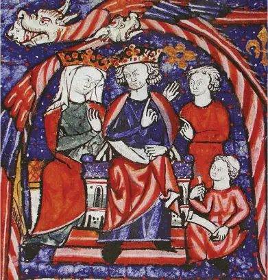  ??  ?? Henry II and his queen, Eleanor of Aquitaine, hold court in a 12th-century illustrati­on. Eleanor undermined her husband’s rule by helping their sons launch a revolt against him