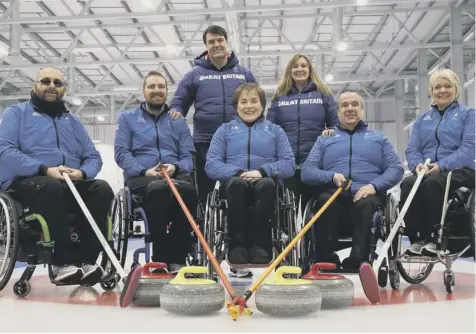  ??  ?? Left to right: Gregor Ewan, Hugh Nibloe, Aileen Neilson, Robert Mcpherson and Angie Malone, with Performanc­e Director Graeme Thompson, top left, and Head Coach Sheila Swann during the announceme­nt at the National Curling Centre in Stirling.