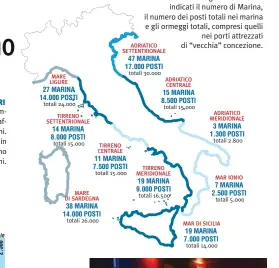  ??  ?? DOVE SONO E QUANTI SONO GLI ORMEGGI IN ITALIA La mappa, mare per mare, dei posti barca in Italia. Per ogni “mare” sono indicati il numero di Marina, il numero dei posti totali nei marina e gli ormeggi totali, compresi quelli nei porti attrezzati di “vecchia” concezione.