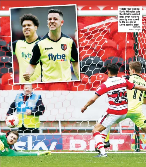  ?? PICTURE: Action Images ?? THIRD TIME LUCKY: David Wheeler puts the Grecians ahead after Ryan Harley’s penalty was saved to the delight of Lloyd James, inset