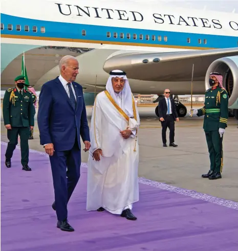  ?? AFP ?? US President Joe Biden with Prince Khalid Al Faisal, Governor of Makkah region, during his trip to Saudi Arabia last year