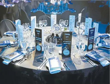  ?? PHOTO: MARK TANTRUM ?? The tables set up at Te Rauparaha Arena for the Porirua 50th dinner celebratio­ns.