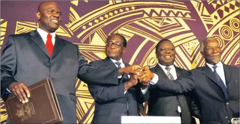  ??  ?? IN ACCORD: AT THE Signing ceremony of the Zimbabwe Global Political Agreement in Harare, September 2008, from left: former deputy prime minister Prof Arthur Mutambara, President Robert Mugabe, former PM Morgan Tsvangirai, and then SA president Thabo...