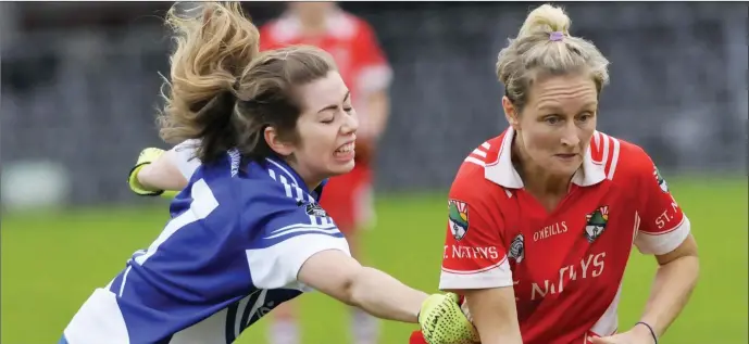  ??  ?? Catherine Mulvanney, Geevagh, in action with Etna Flanagan of St Nathy’s in Markievicz Park on Saturday. Pics: Carl Brennan.