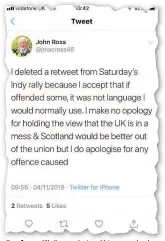  ??  ?? Apology Cllr Ross admitted his tweet had caused offence to some