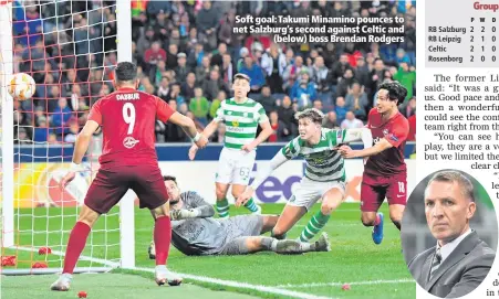  ??  ?? Soft goal: Takumi Minamino pounces to net Salzburg’s second against Celtic and(below) boss Brendan Rodgers