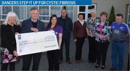  ??  ?? A cheque of 1,000 was presented Erin Sugrue (CF) on Tuesday evening at the Earl of Desmond Hotel,Tralee from the Kerry dancers. Front l-r: Joan Pollard Carew,Timmy Woulfe and Erin Browne. Back were, John Dineen,Bridgid O’Donnell,Marie Houlihan,Bernie...