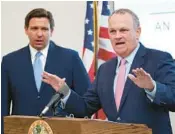  ?? FILE ?? Richard Corcoran speaks at a news conference with Gov. Ron DeSantis in Kissimmee in 2021. Corcoran is now New College of Florida’s president.