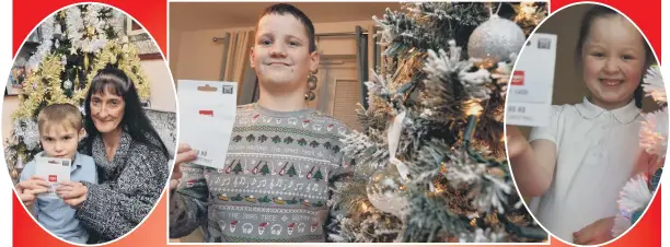  ??  ?? Dear Santa winner Hayden Gray, centre, and runners-ups, left, Lucas Winney, with his mum Sharon, and, right, Laila-Mae McAneny.