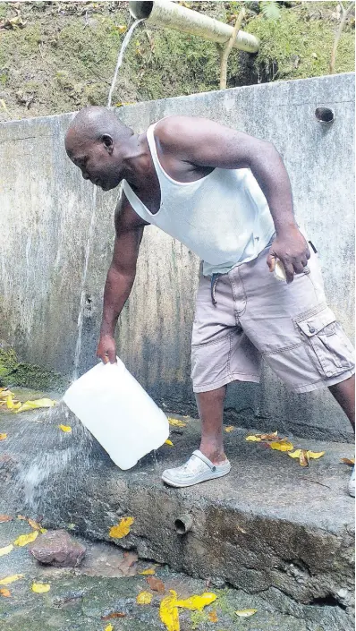  ?? GARETH DAVIS PHOTOS ?? Derrick Myrie catching water from a source in his community.