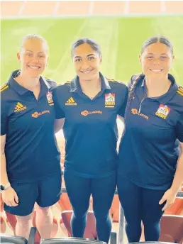  ?? Photo / Jesse Wood ?? Chiefs Manawa players Chelsea Semple (from left), Mererangi Paul and Vici-Rose Green at the 2024 Chiefs Manawa squad naming at FMG Stadium Waikato.