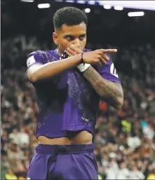  ?? AP ?? Rodrygo celebrates scoring for Real Madrid during Sunday’s 2-0 victory over Athletic Bilbao at the Santiago Bernabeu, ending the Brazilian’s run of seven games for his club without a goal.