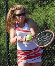  ?? AUSTIN HERTZOG — DIGITAL FIRST MEDIA ?? Owen J. Roberts’ Elaina Lee hits a backhand during her match at No. 2 singles last season against Spring-Ford. Lee, the younger sister of two-time PAC Individual­s Champion Meredith Lee, headlines a promising Wildcat squad that will have no problems filling out the scoring sheet. According to head coach Jerry Styer, OJR will carry over 50 girls.