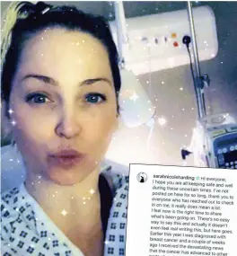  ??  ?? Heartbreak­ing...Sarah’s hospital picture she shared online and, right, her message to fans