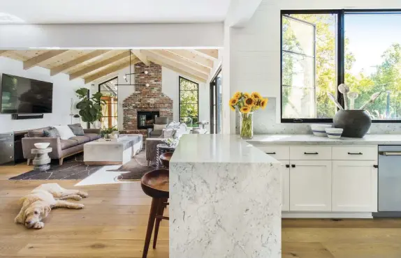  ??  ?? (above) The Carrara marble kitchen counter divides the living room from the kitchen without blocking the view. Originally there was a wall between the two spaces, but Deborah and Kristine removed it to provide an open concept layout. “The house was very segmented with low ceilings in most rooms,” Kristine says. The family dog, Buster, takes a snooze on the new hardwood floors.