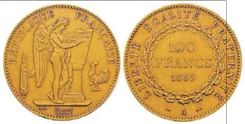  ??  ?? Rarissime pièce de  francs en or, Paris, datée de , poids : , g, quantité :  ex, estimée à   €.