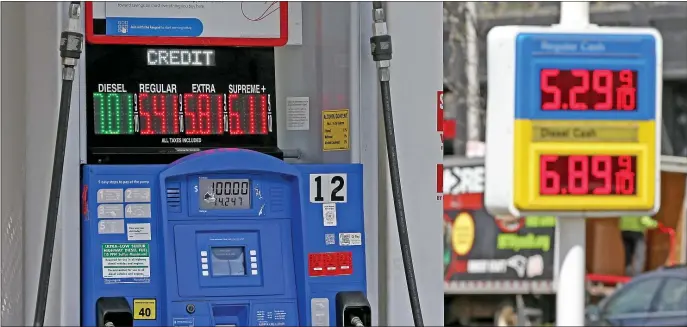  ?? MATT STONE /HERALD STAFF ?? UPWARD: Gasoline and diesel prices are seen in the South End on Monday.