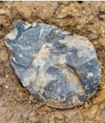  ??  ?? Below: Twisted ovate handaxe on the surface of the grey silty-clay in Area iii, a third and final flint technology found at Barnham