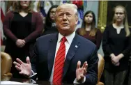  ?? AP PHOTO/EVAN VUCCI ?? President Donald Trump speaks during an event where he congratula­ted astronauts Jessica Meir and Christina Koch as they conduct the first all-female spacewalk, from the Roosevelt Room of the White House on Friday.