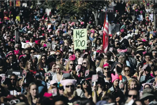  ?? JAE C. HONG/THE ASSOCIATED PRESS ?? Protesters gather in Los Angeles for a Women’s March against sexual violence and the policies of the Trump administra­tion on Jan. 20.