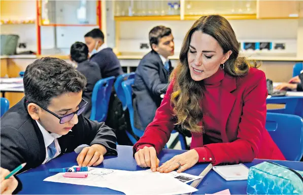  ?? ?? The Duchess of Cambridge speaks to students at a school in Harrow, north London, yesterday. Richard Sharp, left, chairman of the BBC, said: ‘I hope we have got it right’