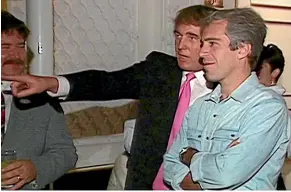  ??  ?? In a screen grab from a video filmed in 1992, Donald Trump and Jeffrey Epstein talk at a party at Trump’s Mar-a-Lago golf resort in Palm Beach, Florida.