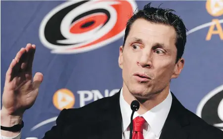  ?? GERRY BROOME, THE ASSOCIATED PRESS ?? Rod Brind’Amour, who hails from Campbell River, talks to the media in Raleigh on Wednesday.