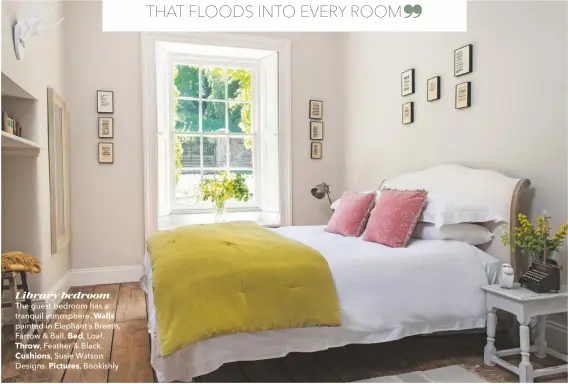  ??  ?? Library bedroom
The guest bedroom has a tranquil atmosphere. Walls painted in Elephant’s Breath, Farrow & Ball. Bed, Loaf. Throw, Feather & Black. Cushions, Susie Watson
Designs. Pictures, Bookishly