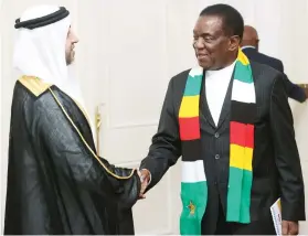  ?? — Picture: Believe Nyakudjara ?? President Mnangagwa welcomes United Arab Emirates (UAE) Deputy Minister of Cabinet Affairs for Competitiv­eness and Experience Exchange Mr Abdullah Lootah at State House in Harare yesterday.