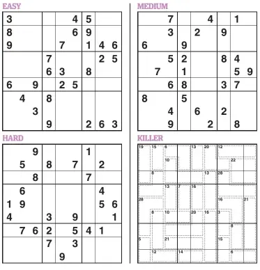  ??  ?? For Killer Sudoku, the normal rules of Sudoku apply. However, in addition, the digits in each inner shape (marked by dotted lines) must add up to the number in the top corner of the shape.